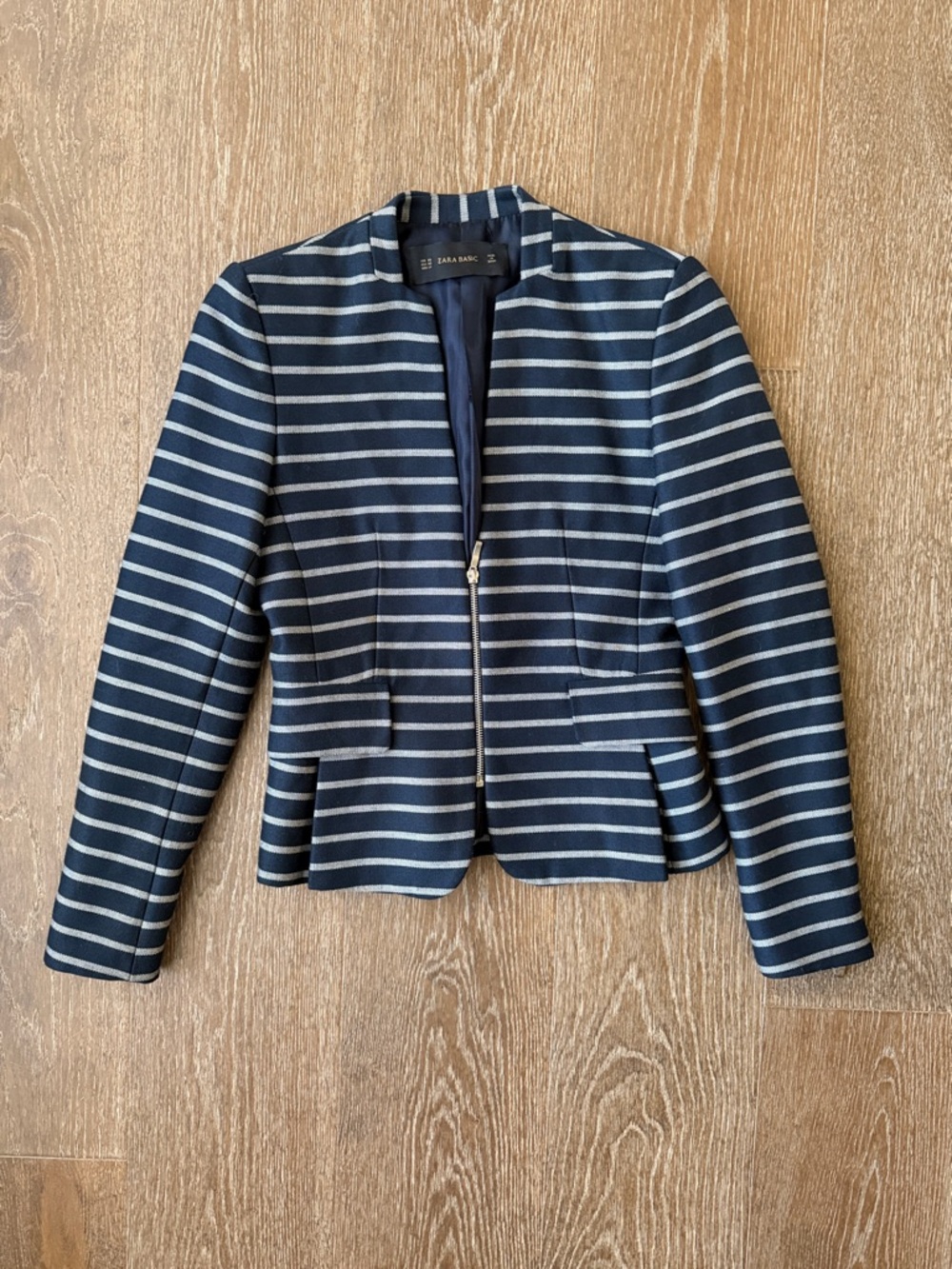 Zara Navy and White Striped Zip-Front  Blazer